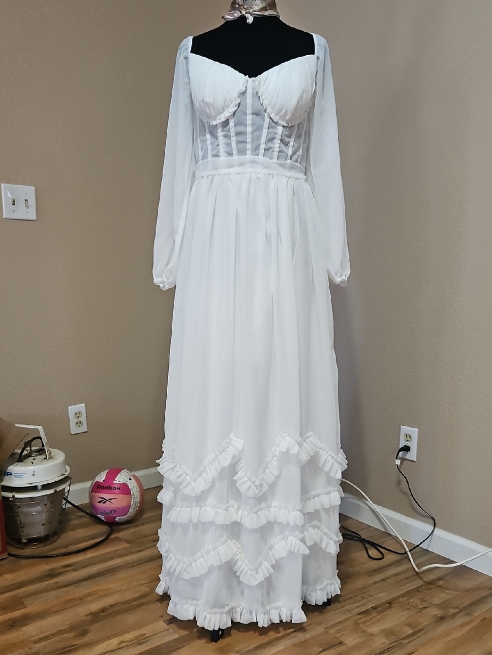 White Vintage-Inspired Long Sleeve Ruffled Maxi Dress